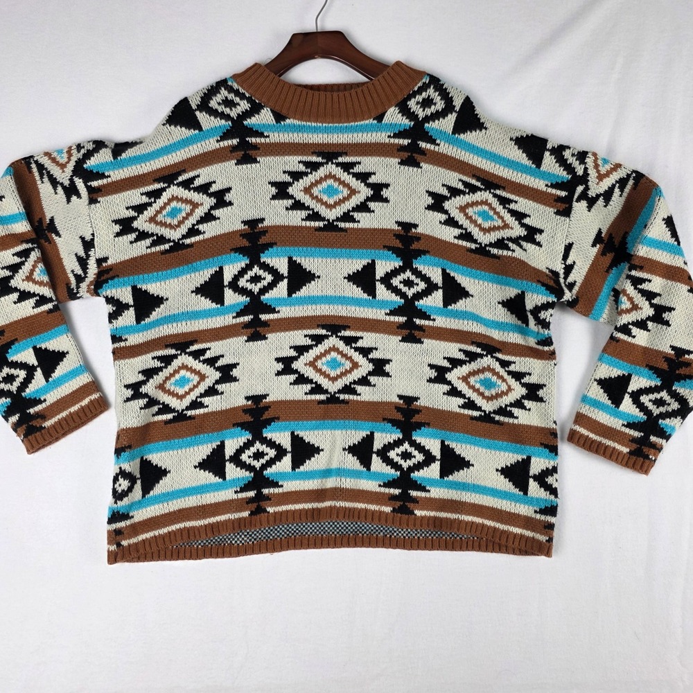 Savanna Jane Women's Geometric Southwest Knit Crewneck Sweater Brown Blue Sz L